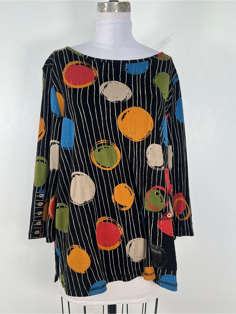 Ali Miles Black Multicolor Polka Dot Long Stripe Top Tunic Long Sleeve EUC!